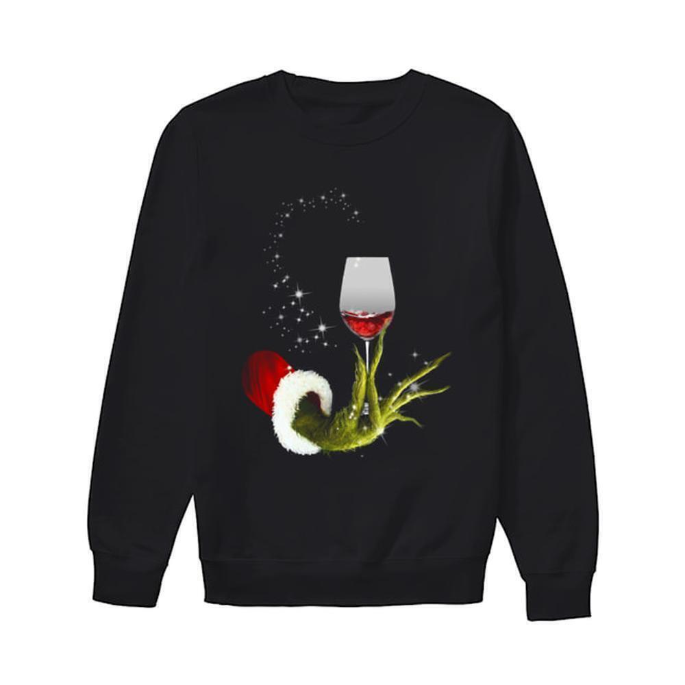 Grinch Hand Holding Glass Of Wine Funny Holiday Drinking Party Sweatshirt - Picture 1 of 4
